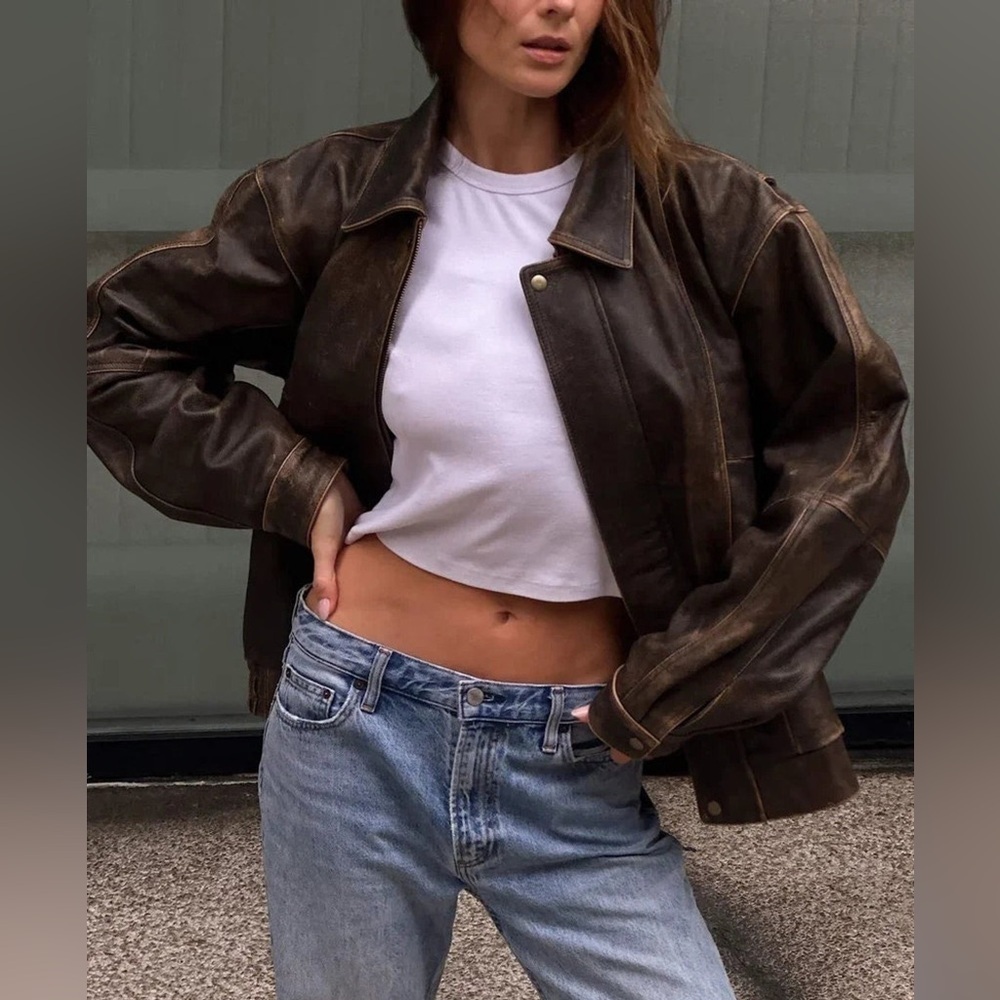 Toundtree & yorkee Trendy vintage brown leather bomber jacket
